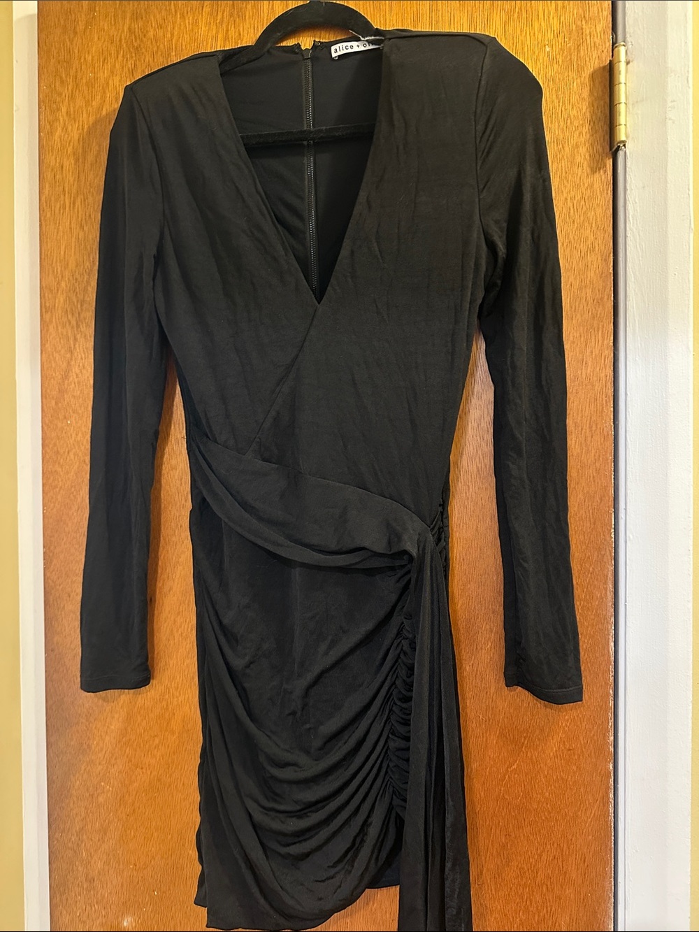 Alice + Olivia Black Long-Sleeve Ruched Wrap Mini Dress